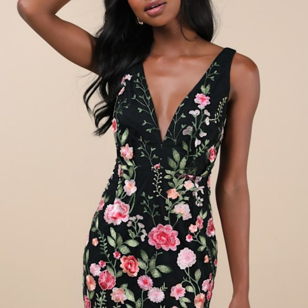 Lulu's Elegant Black Mini Dress with Pink Floral Embroidery